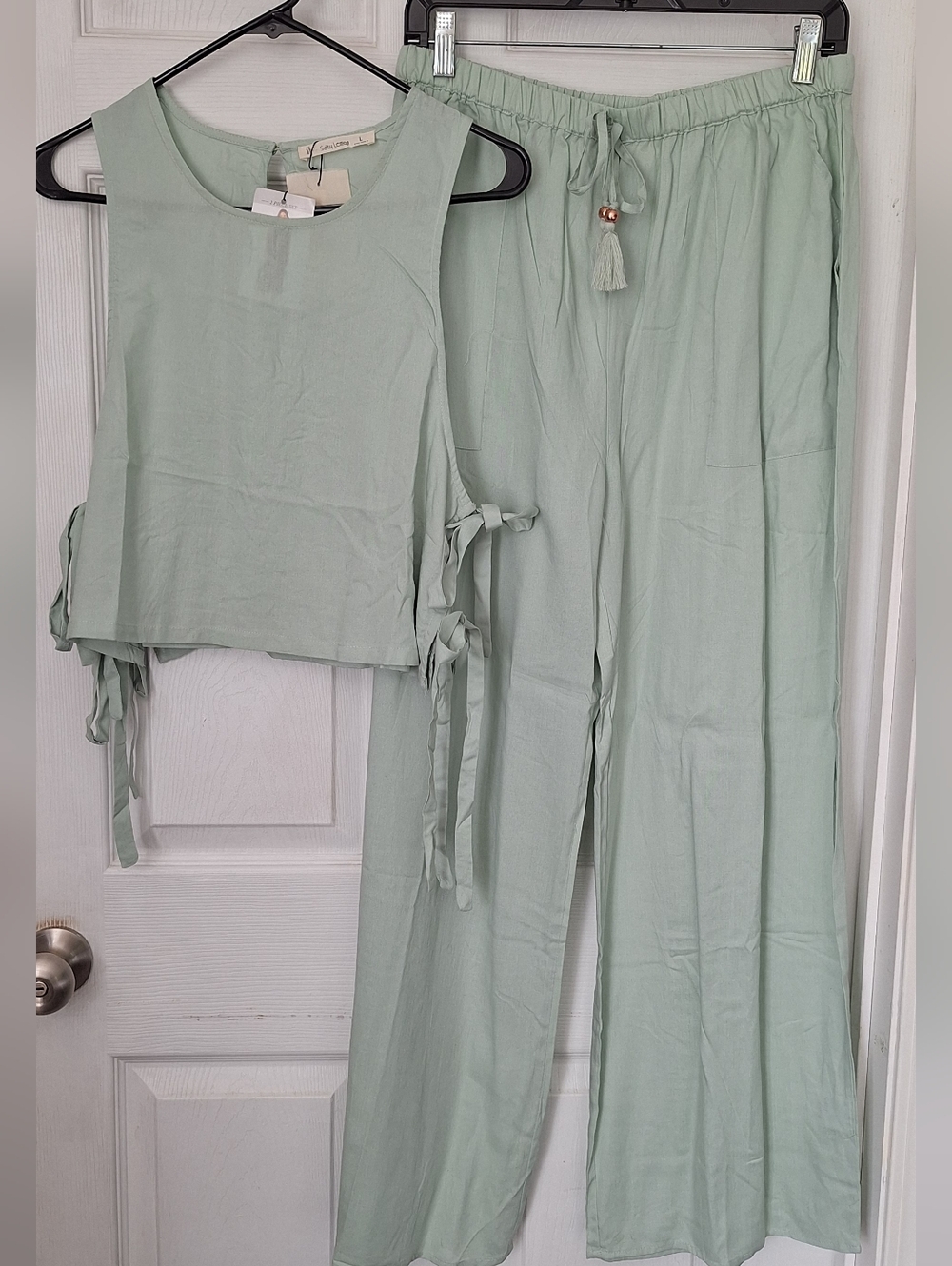 Salty Lemon 2 Piece Set Womens Size L Artichoke Green Wide Leg Pants Tie Sleeve